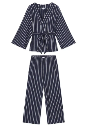 LAKE For Travel|For Selfcare>DreamModal Kimono Pajama Set in English Navy Vertical Stripe