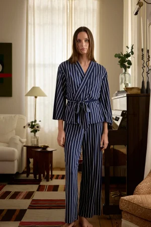 LAKE For Travel|For Selfcare>DreamModal Kimono Pajama Set in English Navy Vertical Stripe