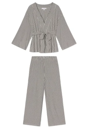 LAKE For Travel|For Selfcare>DreamModal Kimono Pajama Set in Black Pencil Stripe