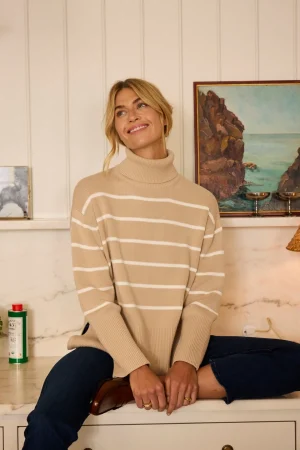 LAKE For Travel|View All>Madeline Cotton Sweater in Driftwood Ivory Stripe