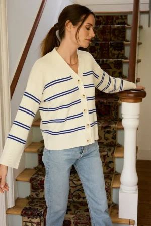LAKE View All|Sweaters & Daywear>Nora Cardigan in Ivory Caspian Stripe