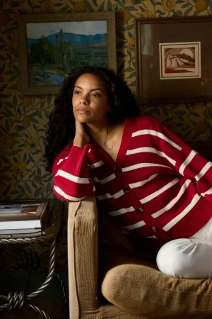 LAKE View All|Sweaters & Daywear>Nora Cardigan in Ivory Crimson Inverse Stripe