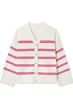 LAKE View All|Sweaters & Daywear>Nora Cotton Cardigan in Ivory Red Stripe