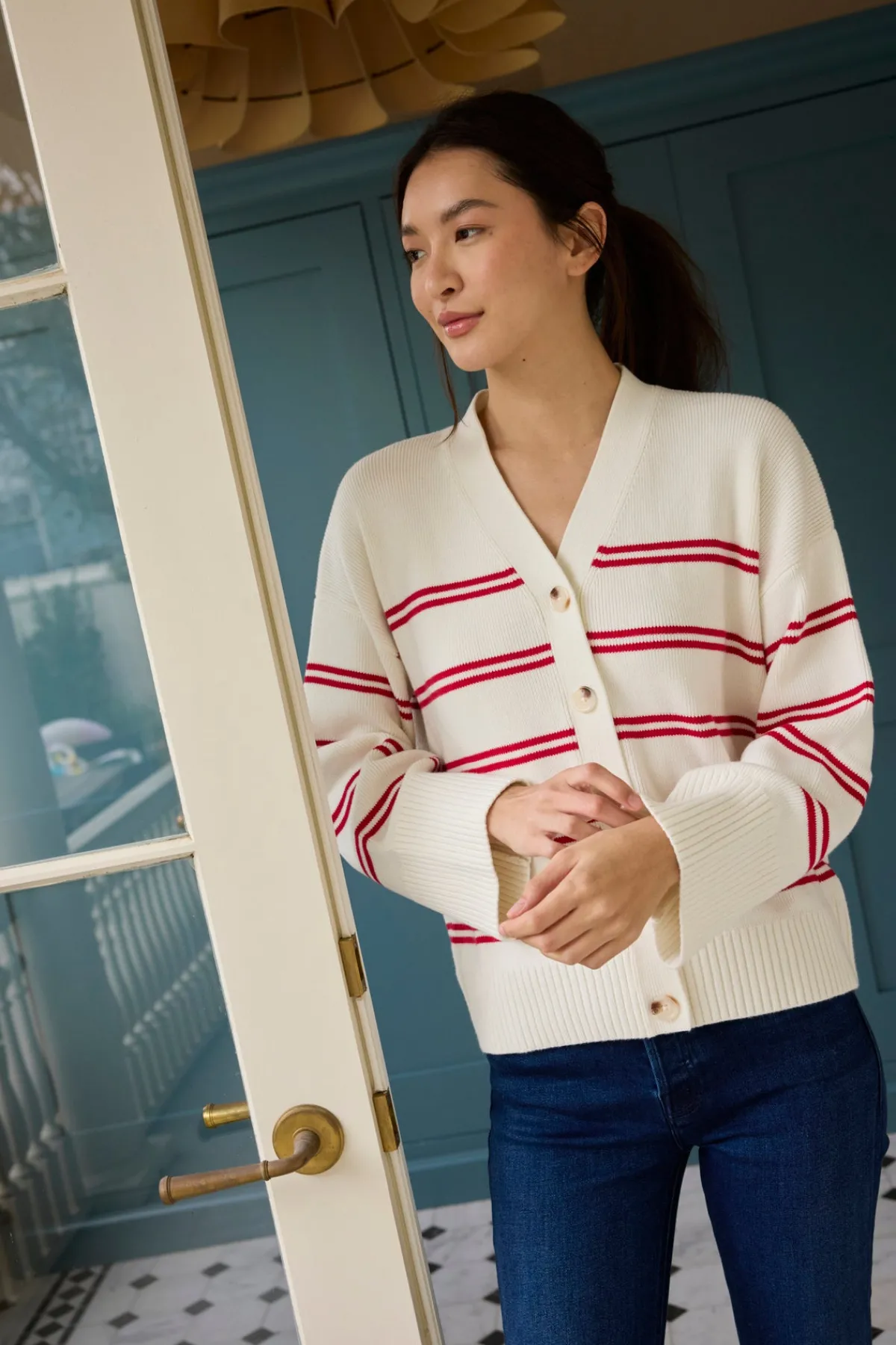 nora-cotton-cardigan-in-ivory-SrBZRXsN-2.webp LAKE View All|Sweaters & Daywear>Nora Cotton Cardigan in Ivory Red Stripe