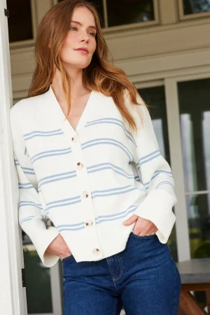LAKE View All|Sweaters & Daywear>Nora Cotton Cardigan in Ivory Dusty Blue Stripe