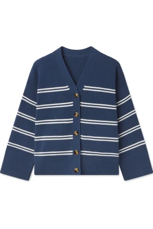 LAKE View All|Sweaters & Daywear>Nora Cotton Cardigan in Navy Ivory Stripe
