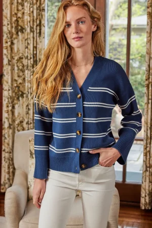 LAKE View All|Sweaters & Daywear>Nora Cotton Cardigan in Navy Ivory Stripe