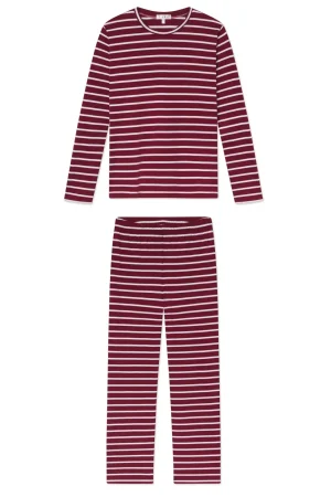 LAKE For Traditions|For Her>Pima Crew Long-Long Set in Burgundy Anchor Stripe