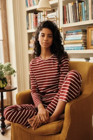 LAKE For Traditions|For Her>Pima Crew Long-Long Set in Burgundy Anchor Stripe