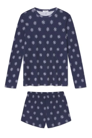 LAKE The Mainstays|For Traditions>Pima Crew Long-Short Set in English Navy Snowfs English Navy Snowflakes