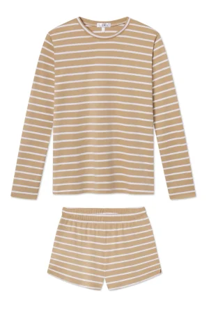 LAKE For Traditions|For Her>Pima Crew Long-Short Set in Sandstone Anchor Stripe