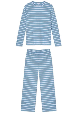 LAKE For Hosting|For Loved Ones>Pima Crew Long Sleeve Wide Leg Pajama Set in Serene Blue Anchor Stripe