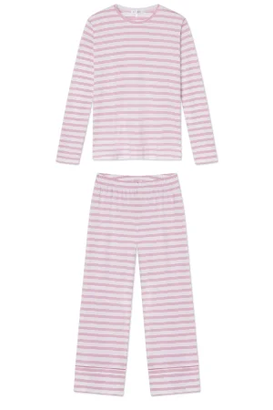 LAKE For Hosting|For Loved Ones>Pima Crew Long Sleeve Wide Leg Pajama Set in Light Camellia Triple Stripe