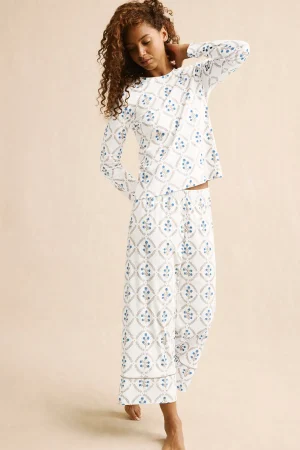 LAKE New Arrivals|For Loved Ones>Pima Crew Long Sleeve Wide Leg Pajama Set in Sandstone Wreath