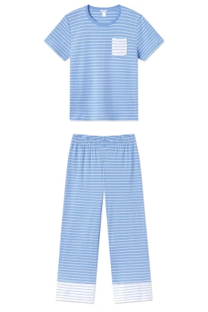 LAKE For Travel|For Selfcare>Pima Crew Wide Leg Pajama Set in Mixed Baltic Blue Stripe