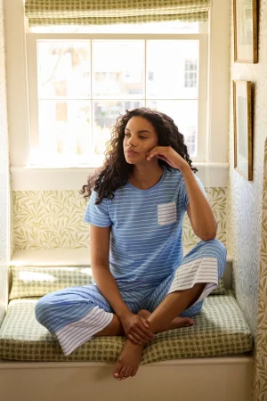 LAKE For Travel|For Selfcare>Pima Crew Wide Leg Pajama Set in Mixed Baltic Blue Stripe