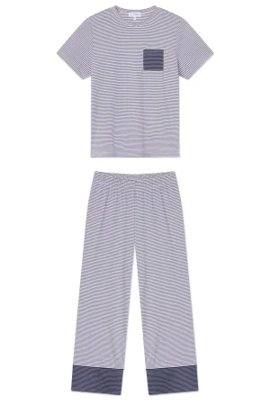 LAKE For Travel|For Selfcare>Pima Crew Wide Leg Pajama Set in English Navy Stripe English Navy Micro Stripe