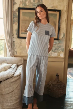 LAKE For Travel|For Selfcare>Pima Crew Wide Leg Pajama Set in English Navy Stripe English Navy Micro Stripe