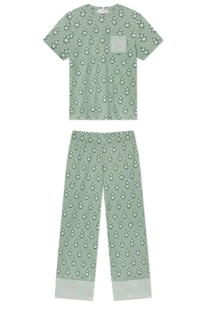 LAKE For Travel|For Selfcare>Pima Crew Wide Leg Pajama Set in Granite Green Cottage Floral