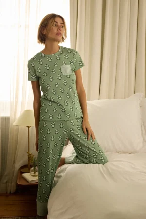 LAKE For Travel|For Selfcare>Pima Crew Wide Leg Pajama Set in Granite Green Cottage Floral