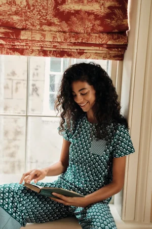 LAKE For Travel|For Selfcare>Pima Crew Wide Leg Pajama Set in Frasier Bloom