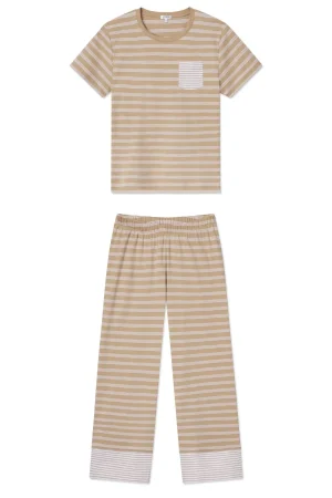 LAKE For Travel|For Selfcare>Pima Crew Wide Leg Pajama Set in Sandstone Mixed Stripe