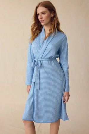 LAKE For Selfcare|For Loved Ones>Pima Robe in Serene Blue Stripe Serene Blue Micro Stripe