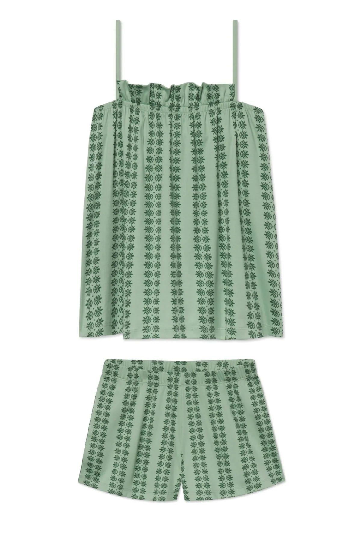pima-ruffle-shorts-set-in-gran-duZdEtLo-0.webp LAKE Shorts Sets|View All>Pima Ruffle Shorts Set in Granite Green Trellis