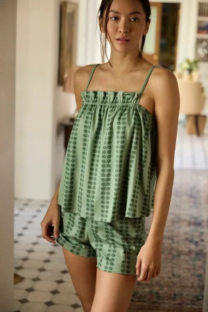 LAKE Shorts Sets|View All>Pima Ruffle Shorts Set in Granite Green Trellis