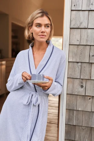 LAKE For Loved Ones|For Her>Pima Short Robe in English Navy Stripe English Navy Micro Stripe