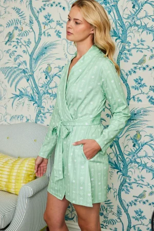 LAKE For Loved Ones|For Her>Pima Short Robe in Parisian Green Watercolor Stems Parisian Green Inverse Watercolor Stems