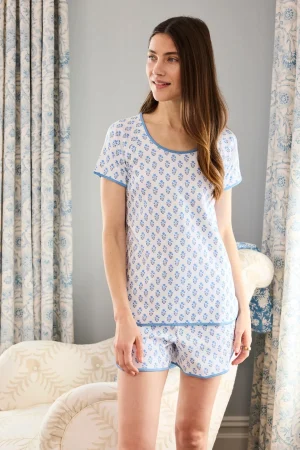 LAKE For Loved Ones|For Her>Pima Shorts Set in Serene Blue Posy Serene Blue Inverse Posy